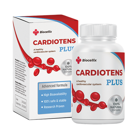 Envase del suplemento de bienestar Cardiotens con diseño cuidado